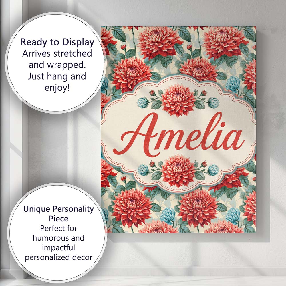 Personalised Name Red Dahlia Botanical Custom Modern Room Accent Elegant Feature Canvas Wall Art Print Decor Picture Ready to Hang