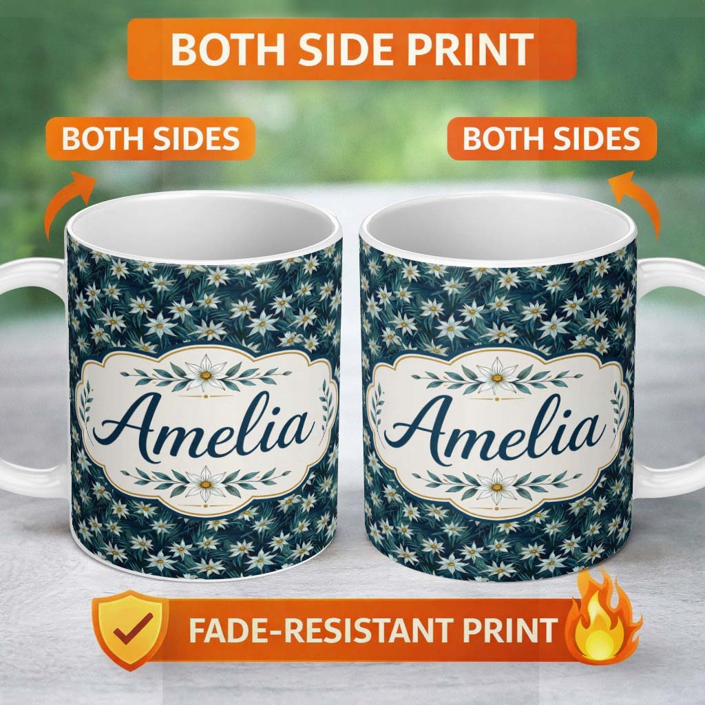Personalized Custom Name White Wildflowers Dense Botanical Dark Blue Seamless Pattern 11oz Ceramic Coffee Tea Mug White Large Handle