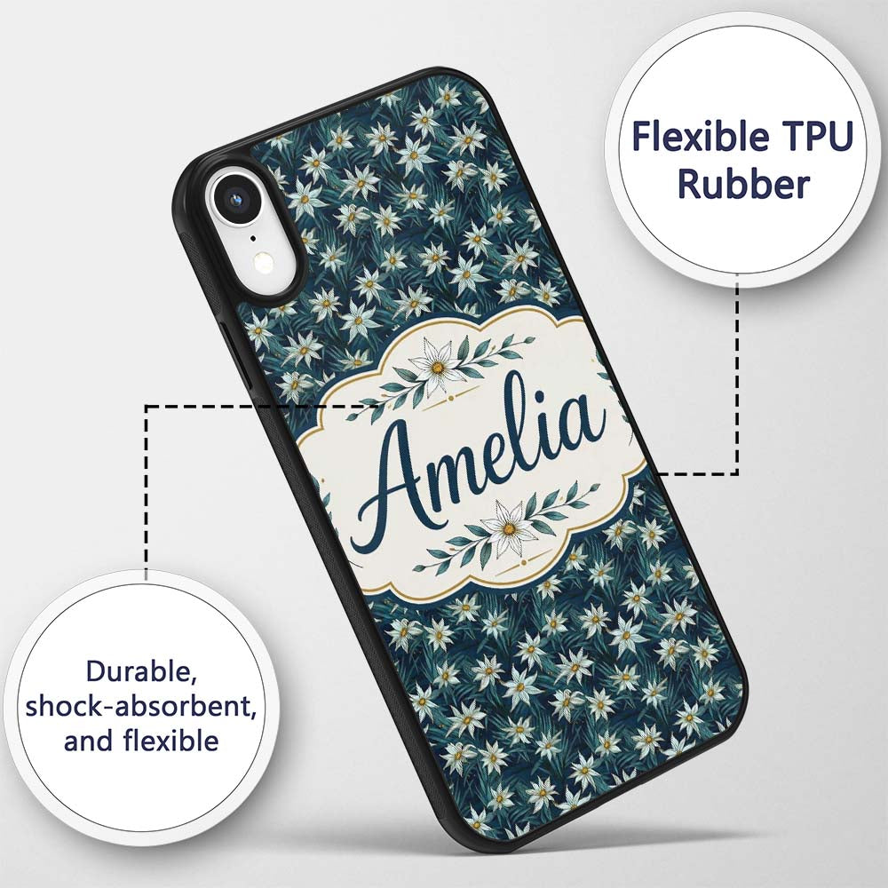White Wildflowers Dense Botanical Printed Design Custom Name Protective Phone Case Mobile Cover Durable Everyday Smartphone Shock Resistant