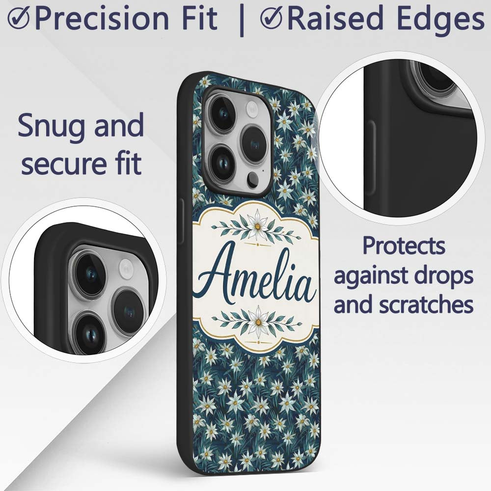 White Wildflowers Dense Botanical Printed Design Custom Name Protective Phone Case Mobile Cover Durable Everyday Smartphone Shock Resistant