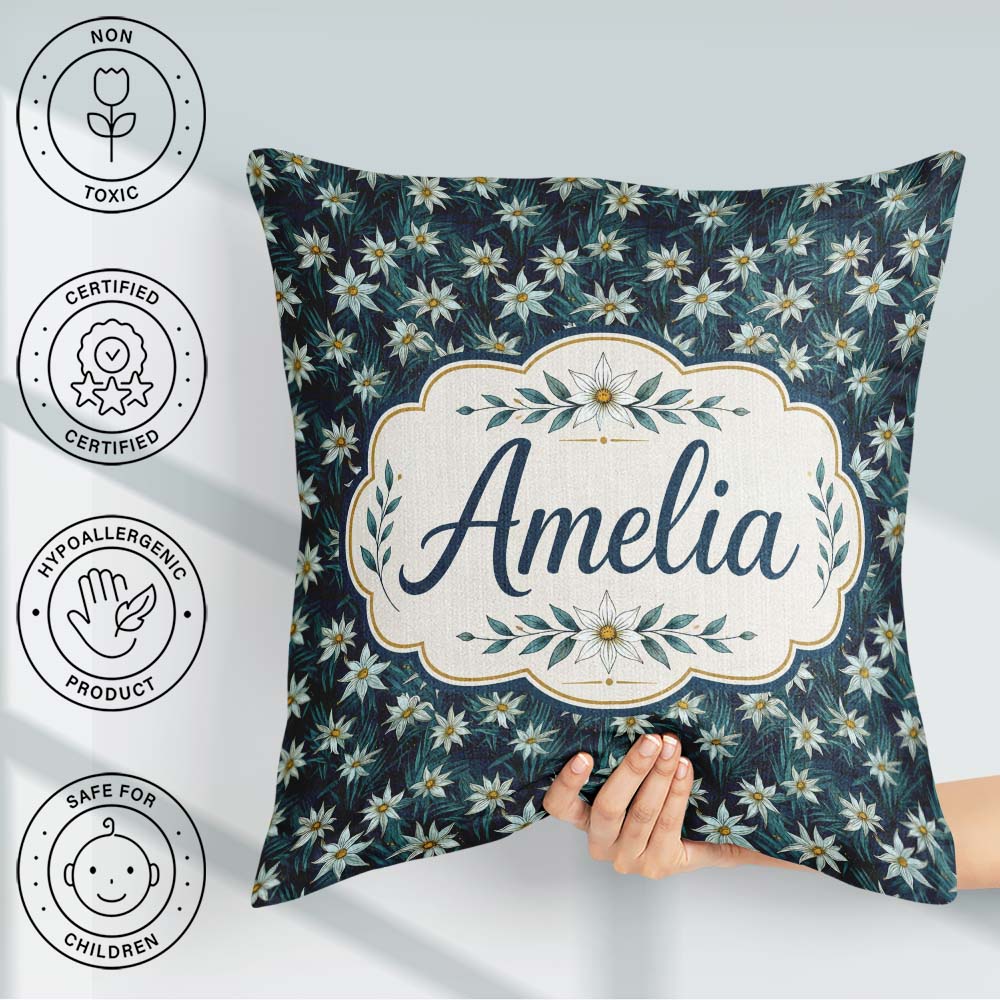 Custom Name White Wildflowers Dense Botanical Dark Blue Seamless Square Filled Cushion Throw Pillow Sofa Bed Home Decor Zip Washable UK Made