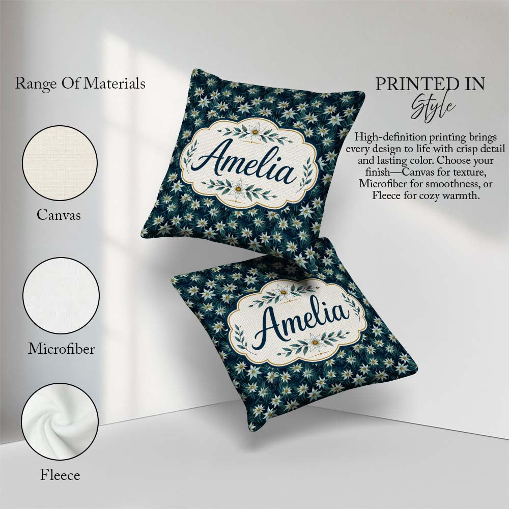 Custom Name White Wildflowers Dense Botanical Dark Blue Seamless Square Filled Cushion Throw Pillow Sofa Bed Home Decor Zip Washable UK Made