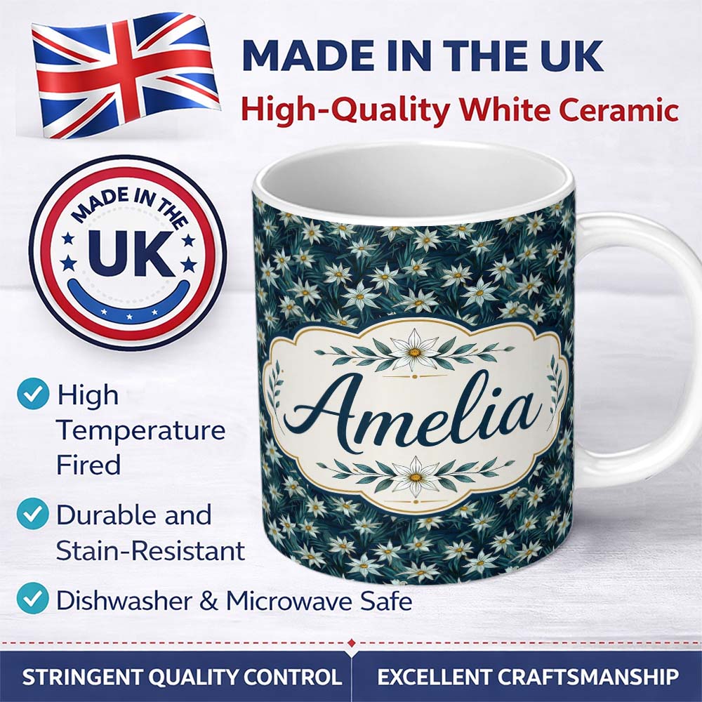 Personalized Custom Name White Wildflowers Dense Botanical Dark Blue Seamless Pattern 11oz Ceramic Coffee Tea Mug White Large Handle