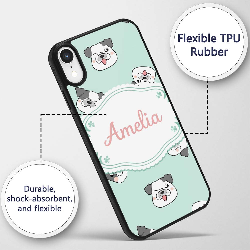 Cute French Bulldog Faces Teal Printed Design Custom Name Protective Phone Case Mobile Cover Durable Everyday Smartphone Shock Resistant