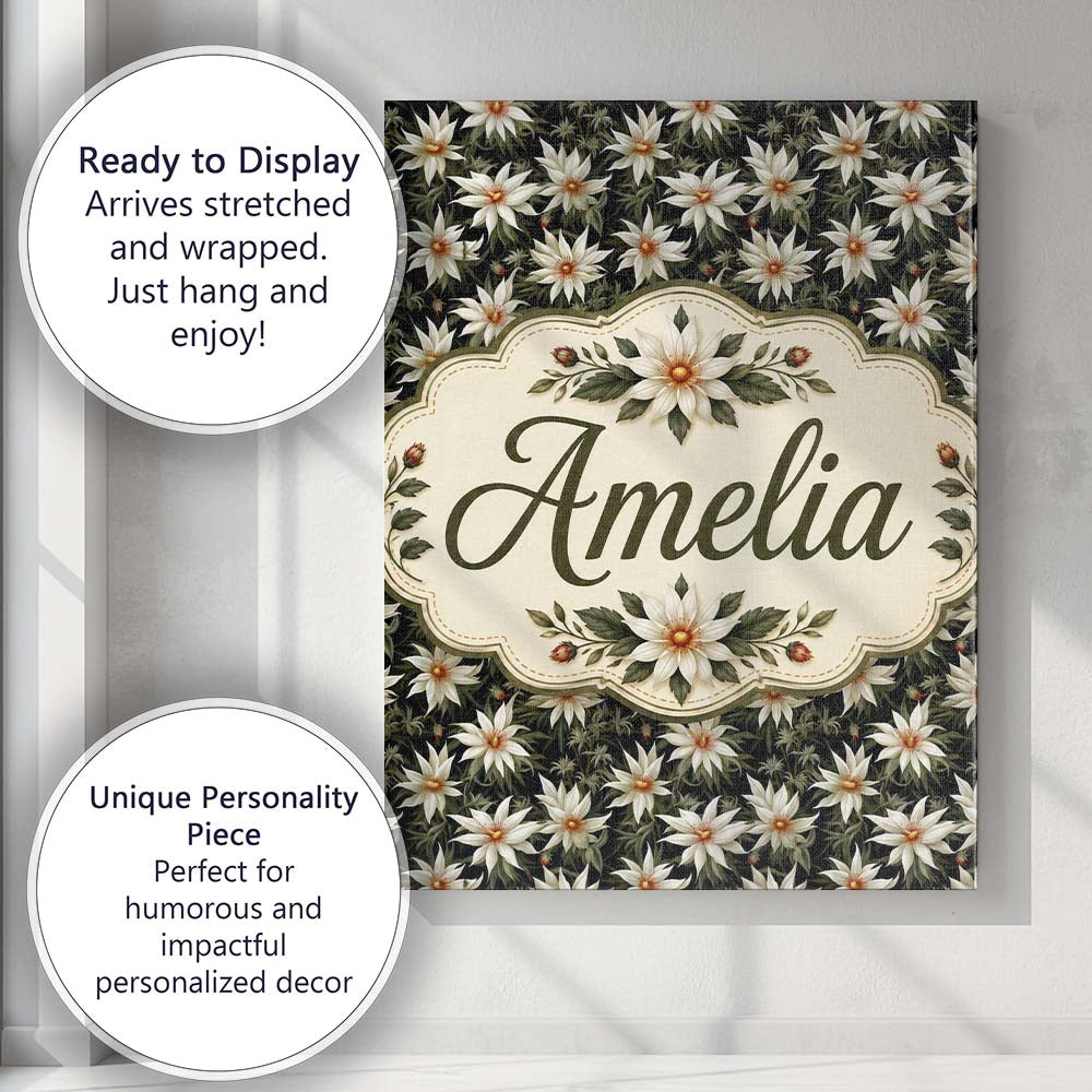 Personalised Name White Clematis Flowers Custom Unique Gift Idea Elegant Feature Canvas Wall Art Print Decor Picture Ready to Hang
