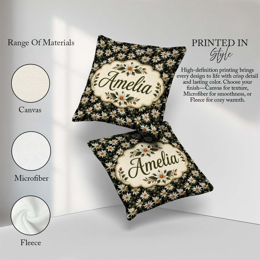 Custom Name White Clematis Flowers Background Seamless Botanical Square Filled Cushion Throw Pillow Sofa Bed Home Decor Zip Washable UK Made