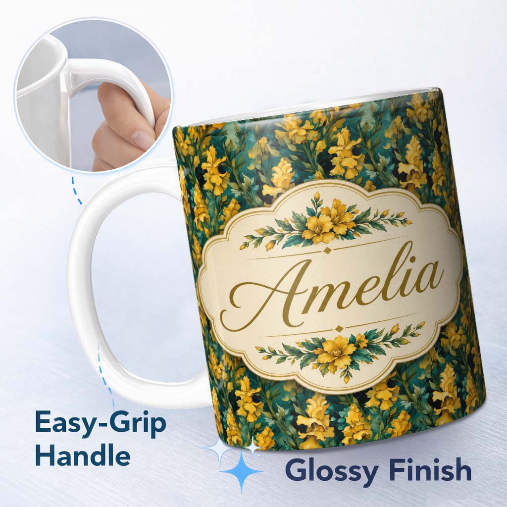 Personalized Custom Name Yellow Iris Floral Seamless Pattern on Teal Background Vintage 11oz Ceramic Coffee Tea Mug White Large Handle