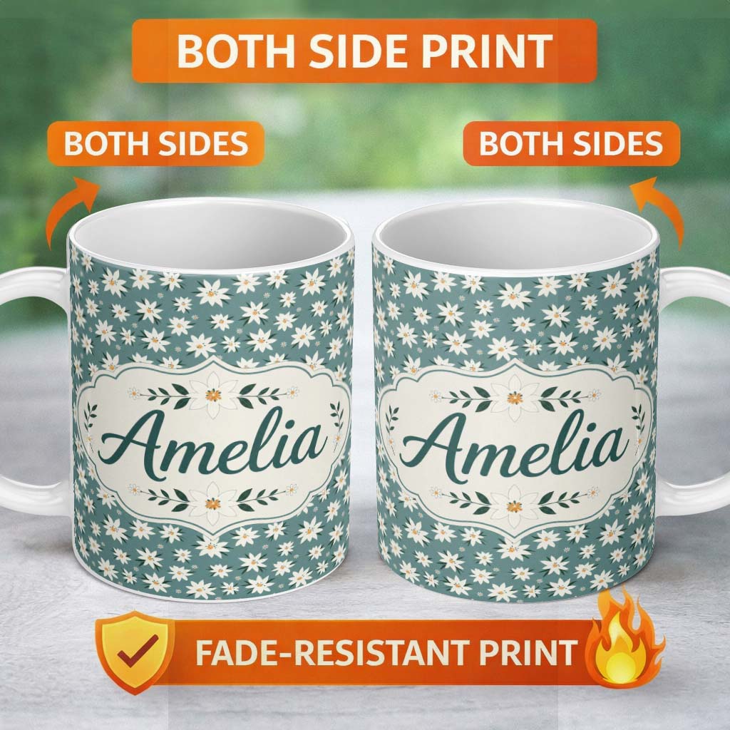Personalized Custom Name Minimal White Daisy Flowers Sage Green Seamless Pattern Simple 11oz Ceramic Coffee Tea Mug White Large Handle