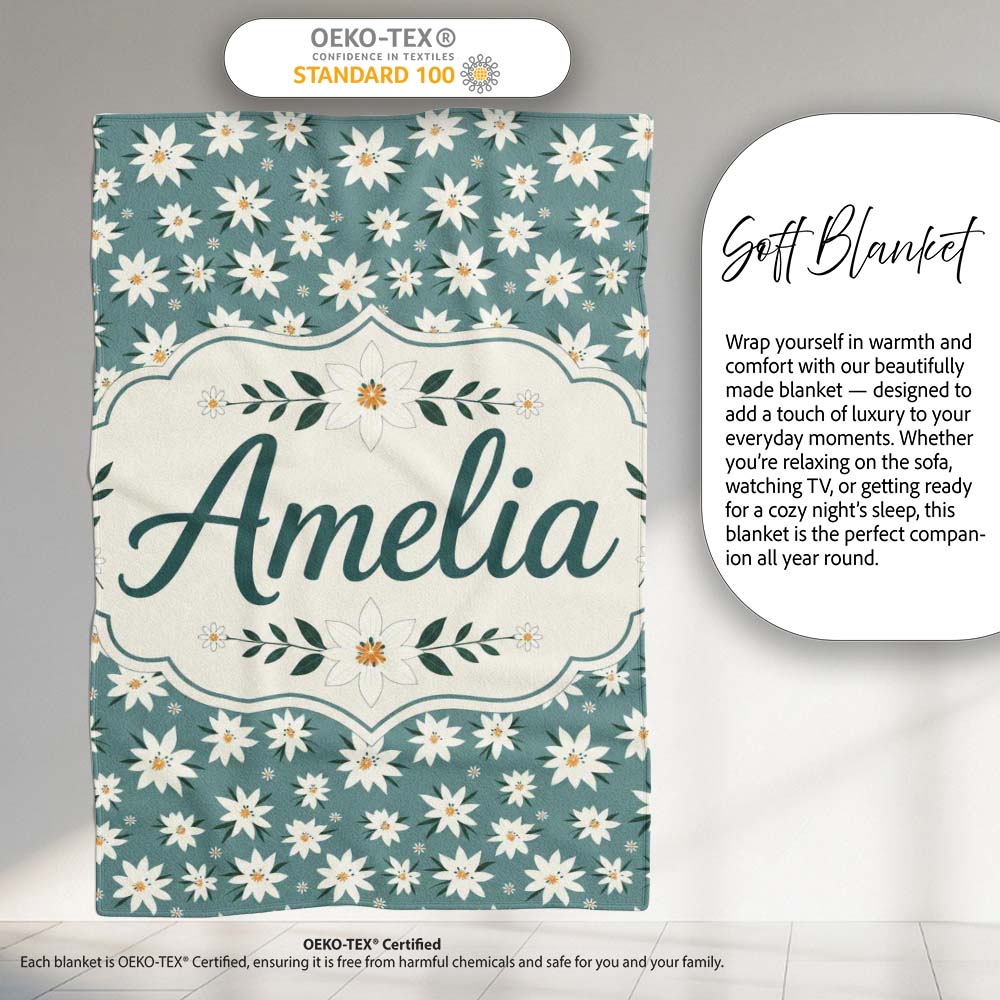 Minimal White Daisy Flowers Sage Green Seamless Pattern Simple Personalised Custom Name Super Soft Fleece Blanket Bed Sofa Throw