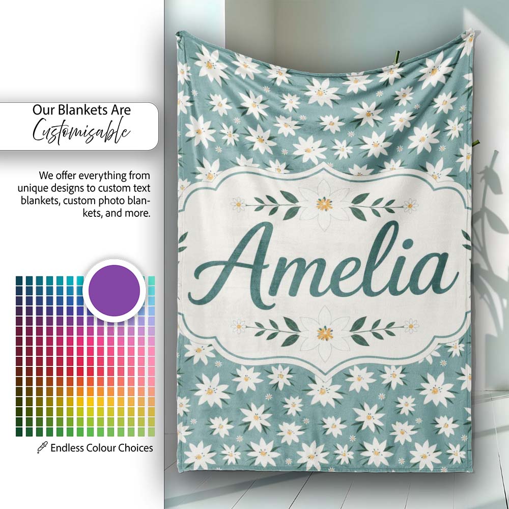 Minimal White Daisy Flowers Sage Green Seamless Pattern Simple Personalised Custom Name Super Soft Fleece Blanket Bed Sofa Throw