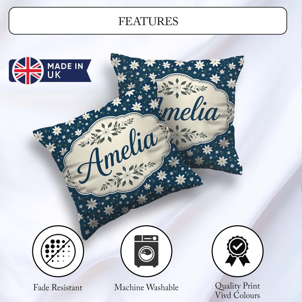Custom Name Small White Scatter Navy Background Seamless Pattern Square Filled Cushion Throw Pillow Sofa Bed Home Decor Zip Washable UK Made