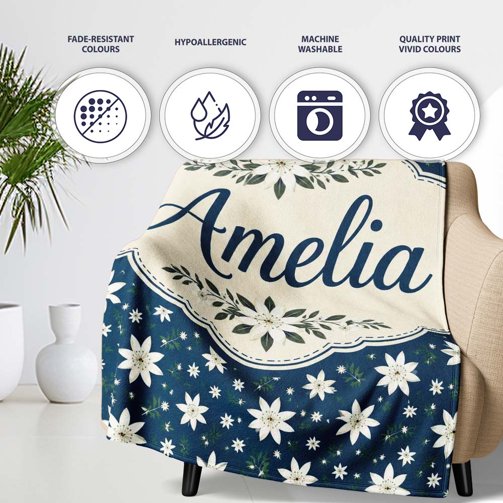 Small White Floral Scatter Navy Background Seamless Pattern Personalised Custom Name Super Soft Fleece Blanket Bed Sofa Throw
