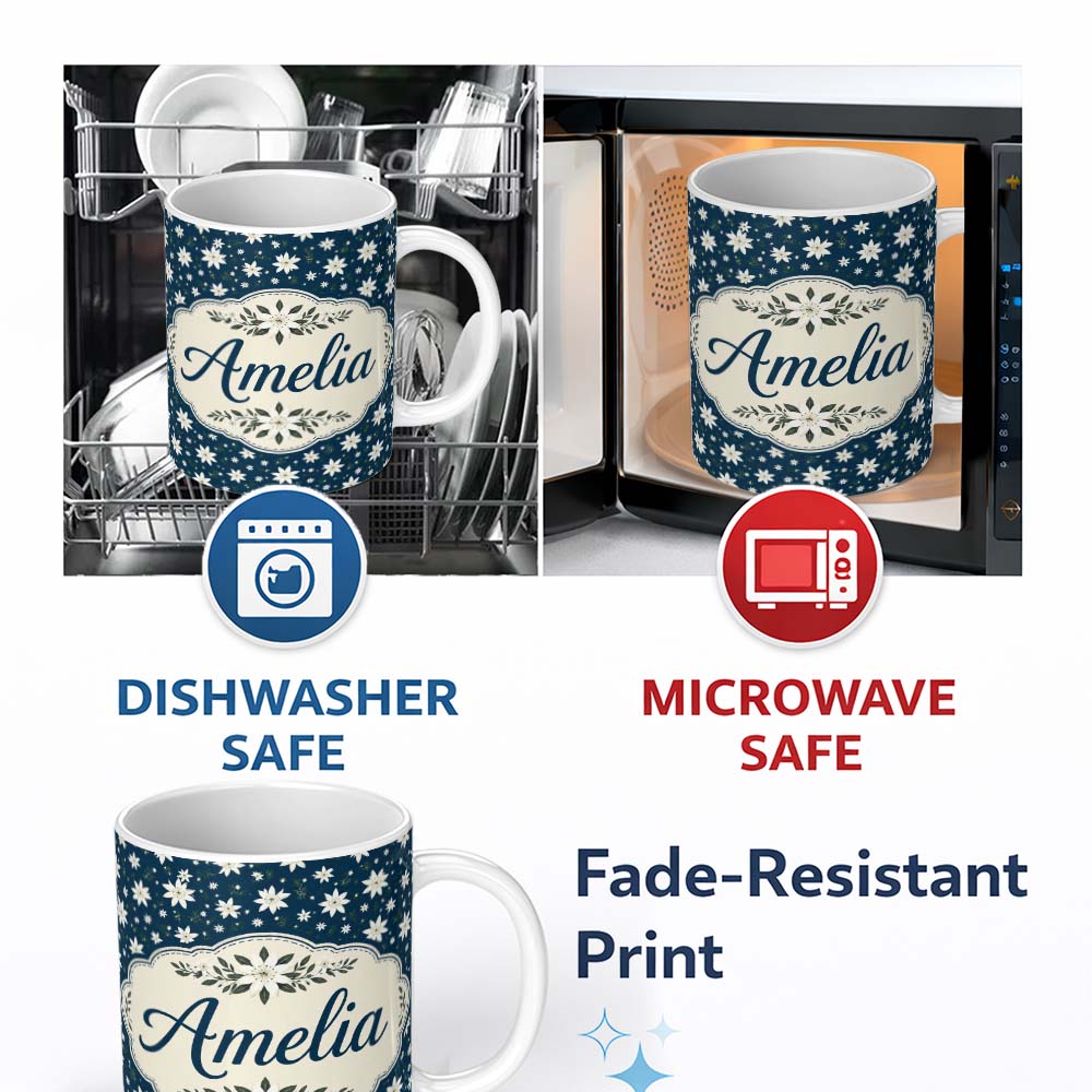 Personalized Custom Name Small White Floral Scatter Navy Background Seamless Pattern 11oz Ceramic Coffee Tea Mug White Large Handle