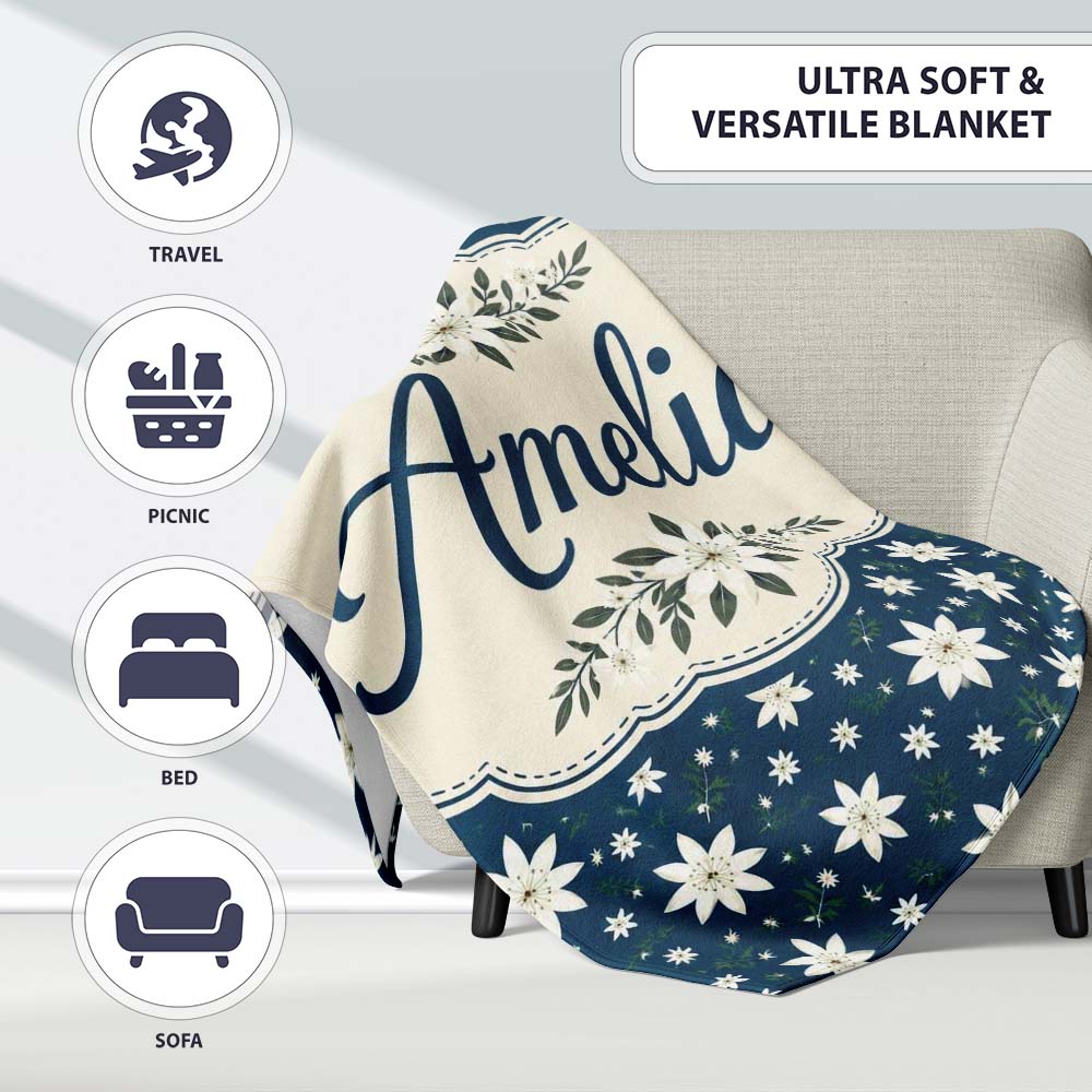 Small White Floral Scatter Navy Background Seamless Pattern Personalised Custom Name Super Soft Fleece Blanket Bed Sofa Throw