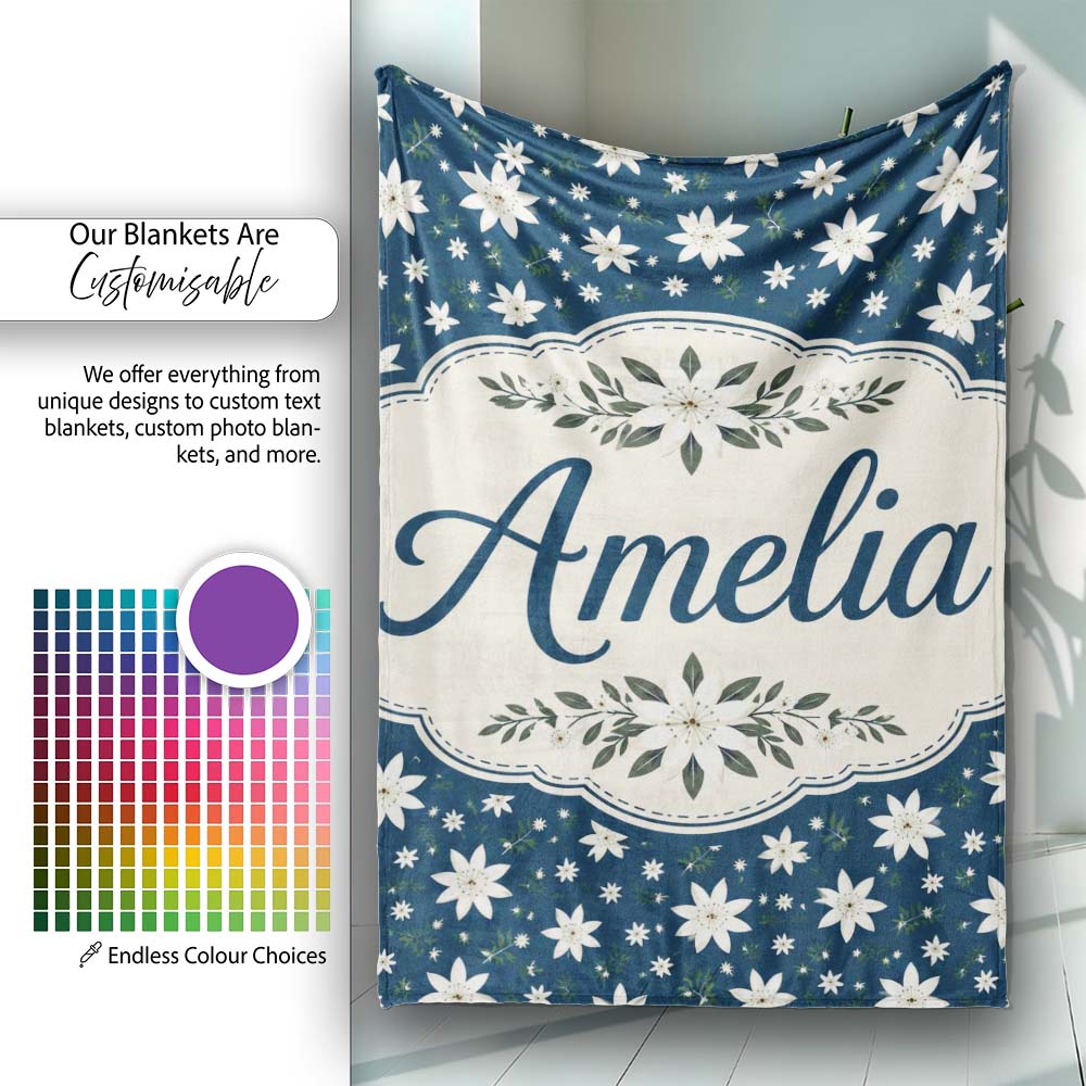 Small White Floral Scatter Navy Background Seamless Pattern Personalised Custom Name Super Soft Fleece Blanket Bed Sofa Throw
