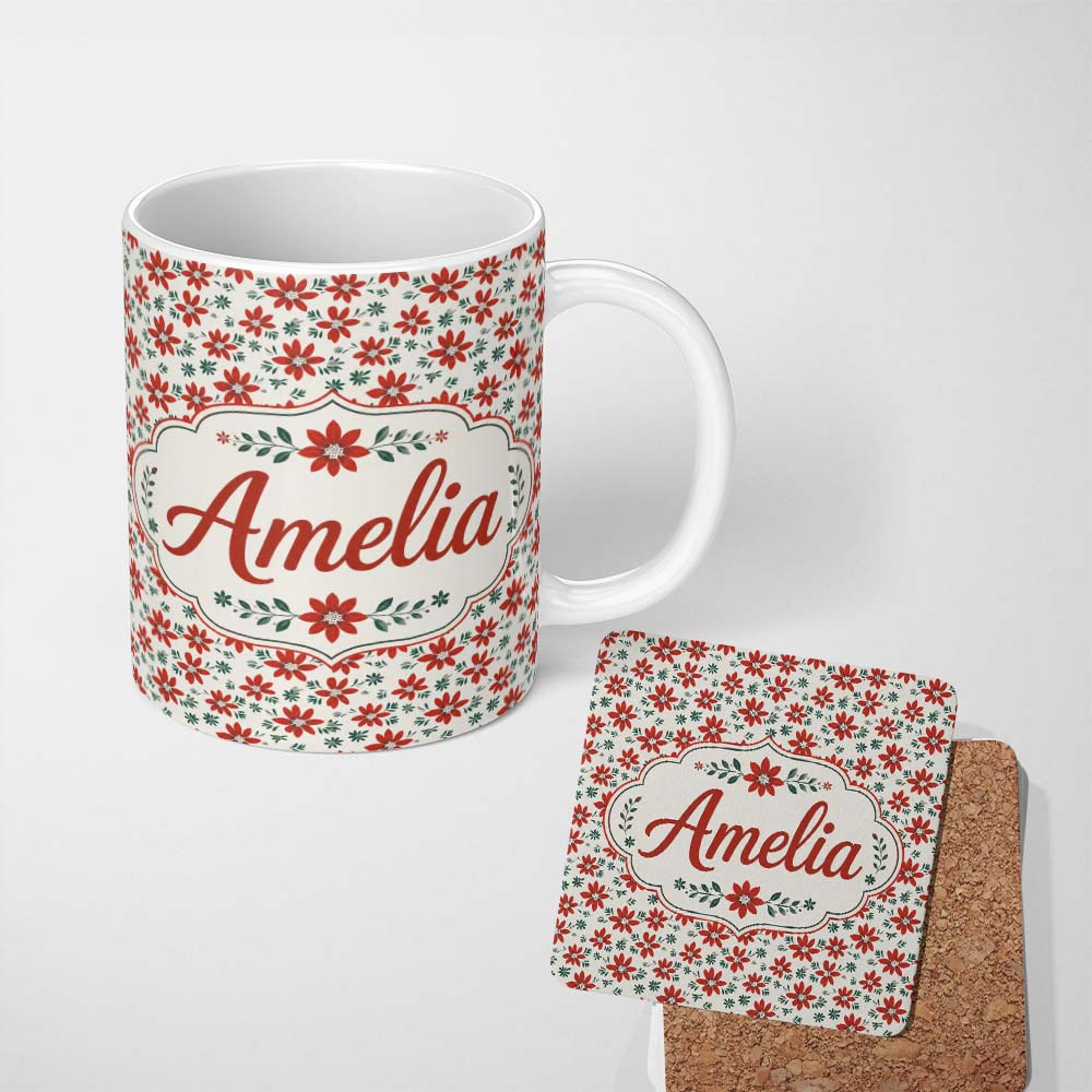 Personalized Custom Name Red Folk Floral Pattern Cream Background Scandinavian Style Name 11oz Ceramic Coffee Tea Mug White Large Handle
