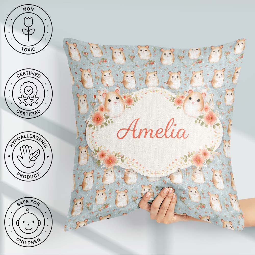 Custom Name Hamster Floral Branch Cute Animal Seamless Pattern Square Filled Cushion Throw Pillow Sofa Bed Home Decor Zip Washable UK Made