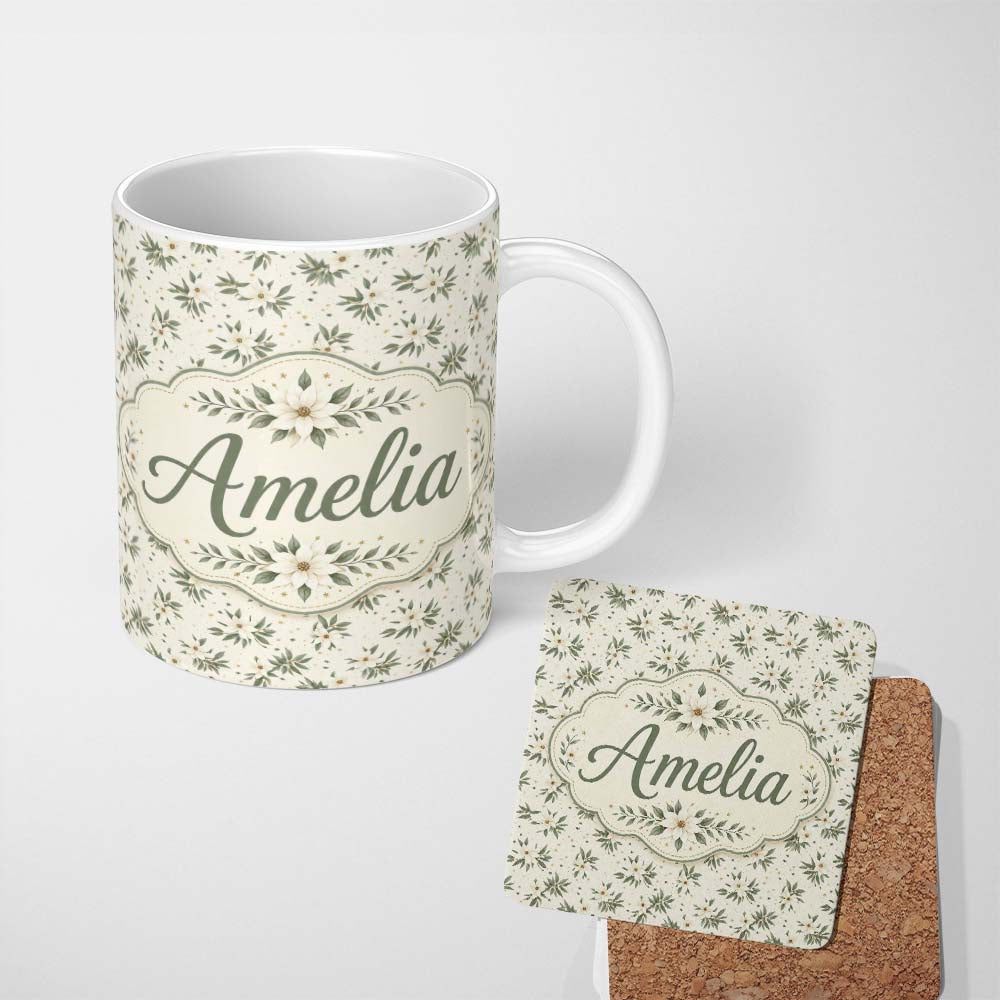 Personalized Custom Name Soft White Floral Sprigs Cream Background Seamless Pattern Elegant 11oz Ceramic Coffee Tea Mug White Large Handle