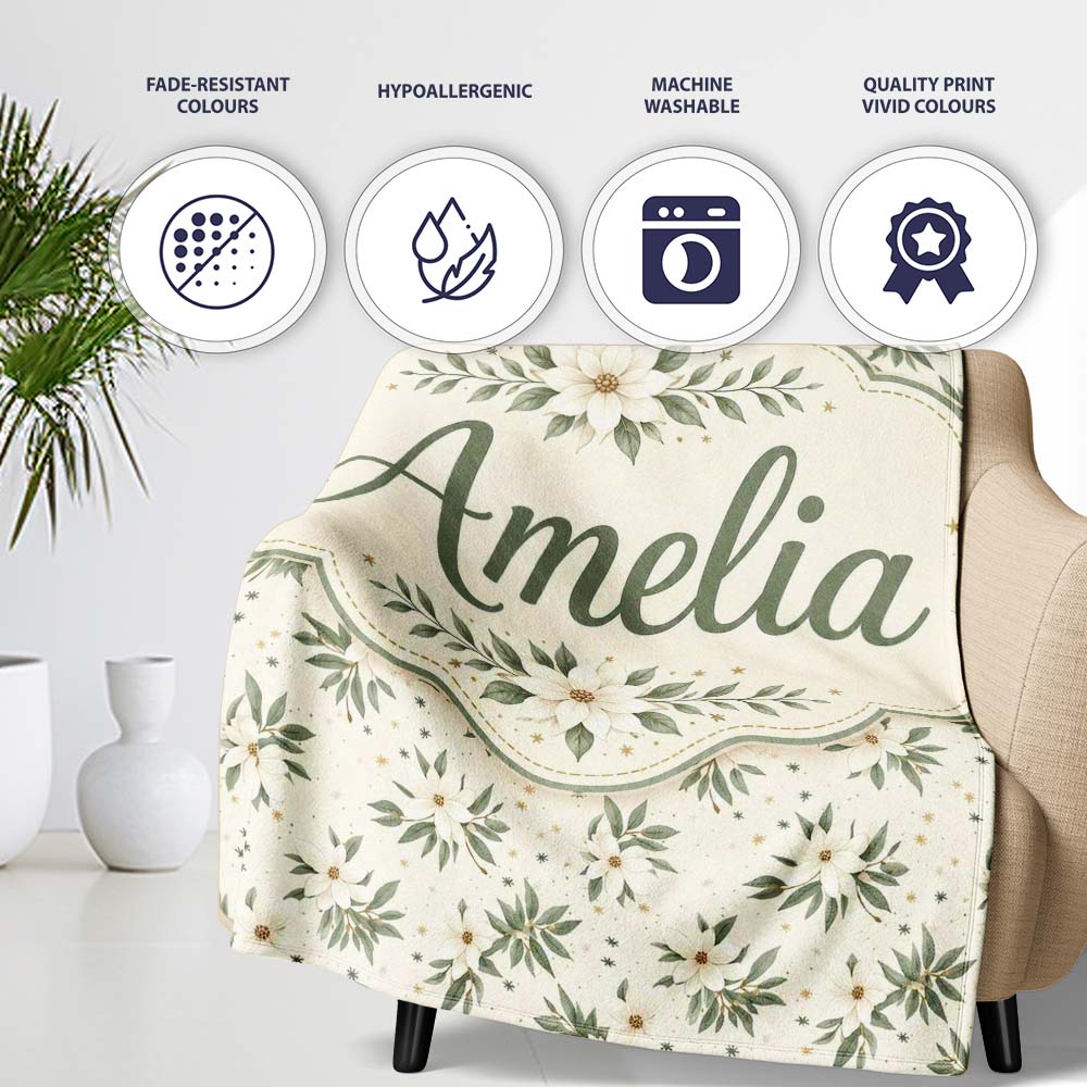 Soft White Floral Sprigs Cream Background Seamless Pattern Elegant Personalised Custom Name Super Soft Fleece Blanket Bed Sofa Throw