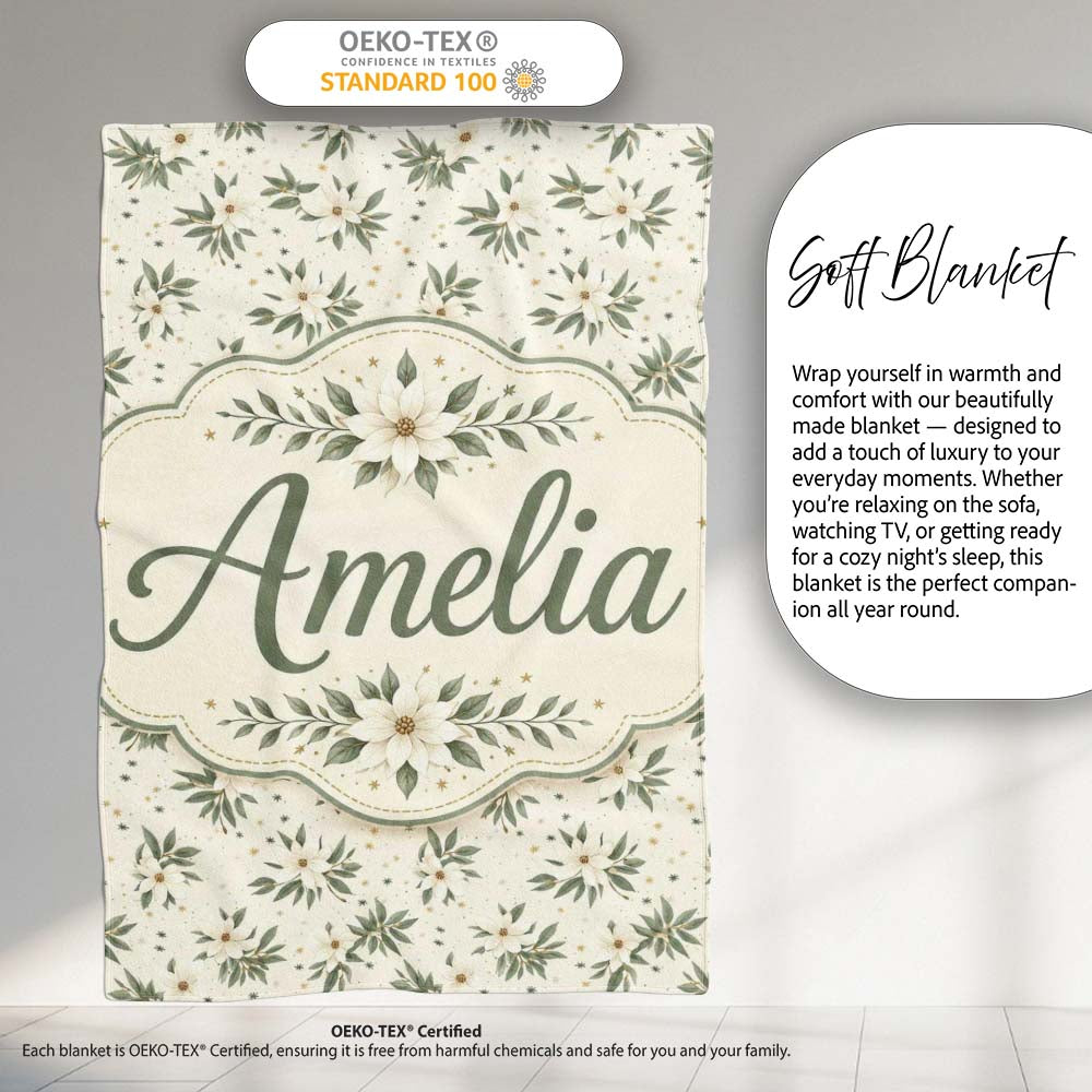 Soft White Floral Sprigs Cream Background Seamless Pattern Elegant Personalised Custom Name Super Soft Fleece Blanket Bed Sofa Throw