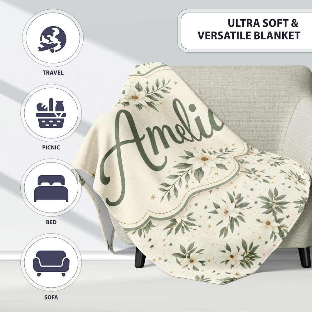 Soft White Floral Sprigs Cream Background Seamless Pattern Elegant Personalised Custom Name Super Soft Fleece Blanket Bed Sofa Throw