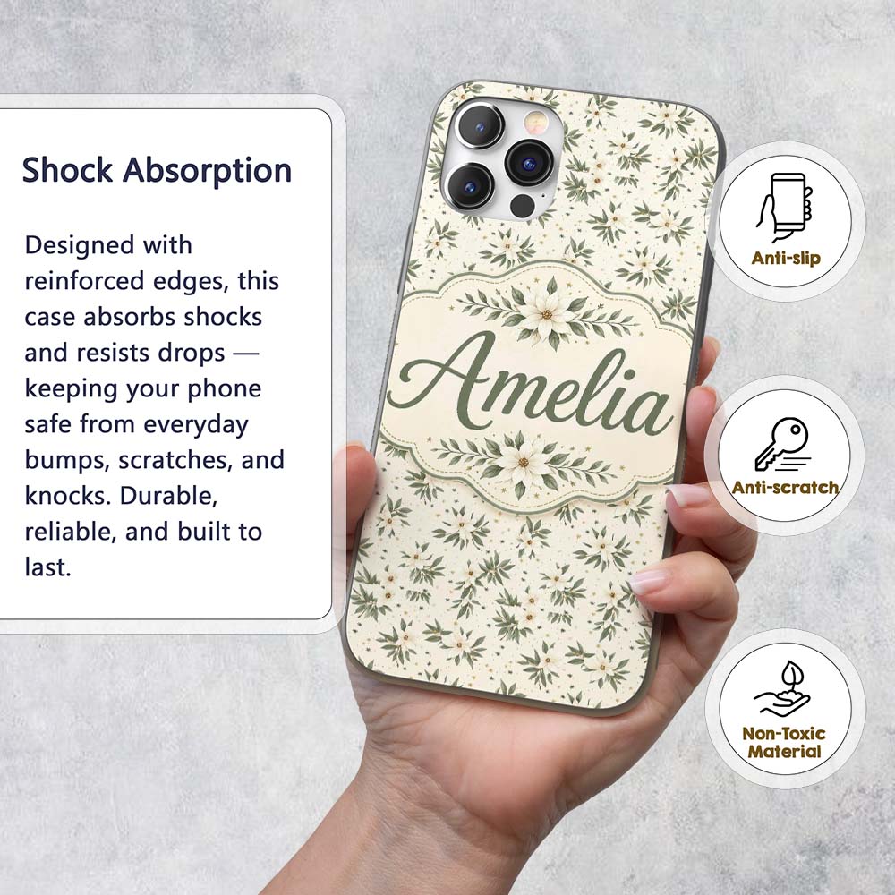 Soft White Floral Sprigs Cream Printed Design Custom Name Protective Phone Case Mobile Cover Durable Everyday Smartphone Shock Resistant