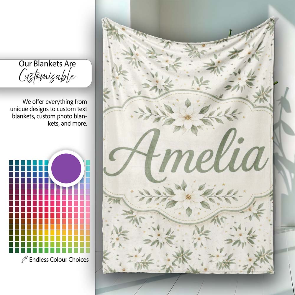 Soft White Floral Sprigs Cream Background Seamless Pattern Elegant Personalised Custom Name Super Soft Fleece Blanket Bed Sofa Throw