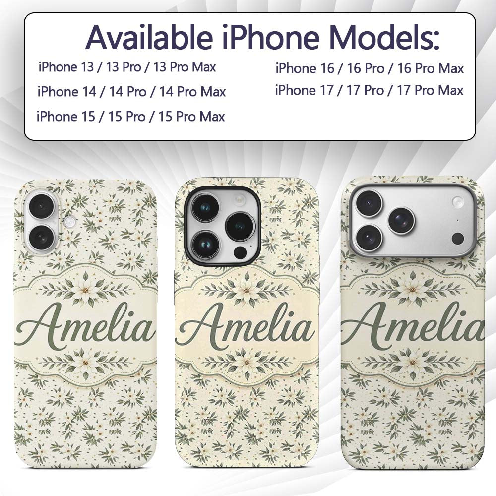 Soft White Floral Sprigs Cream Printed Design Custom Name Protective Phone Case Mobile Cover Durable Everyday Smartphone Shock Resistant