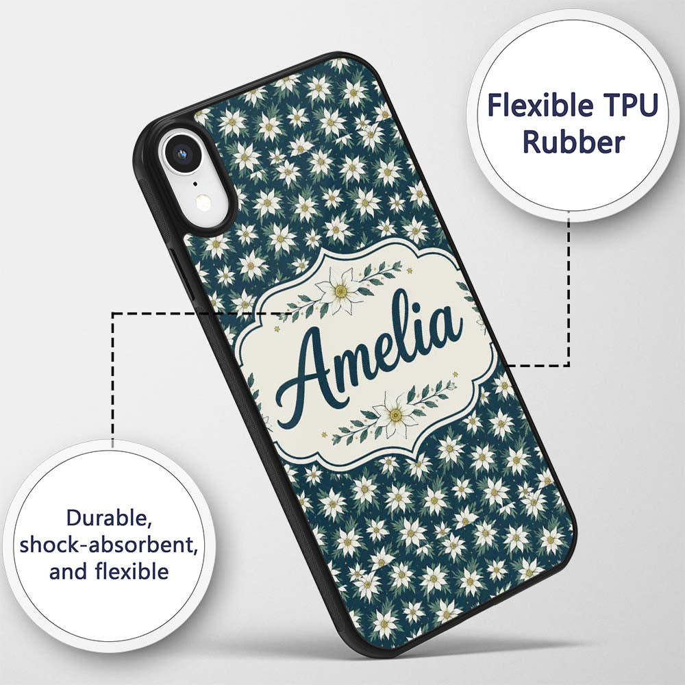 White Alpine Flowers Dark Teal Seamless Pattern Custom Name Protective Phone Case Mobile Cover Durable Everyday Smartphone Shock Resistant