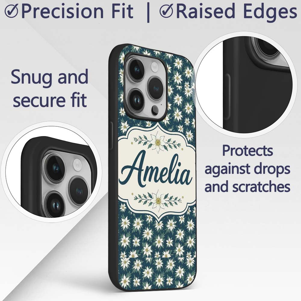 White Alpine Flowers Dark Teal Seamless Pattern Custom Name Protective Phone Case Mobile Cover Durable Everyday Smartphone Shock Resistant