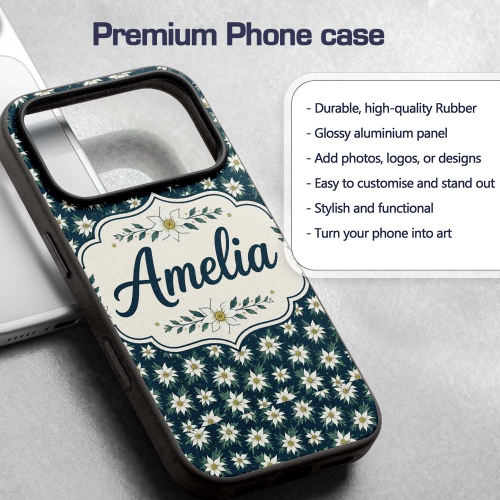 White Alpine Flowers Dark Teal Seamless Pattern Custom Name Protective Phone Case Mobile Cover Durable Everyday Smartphone Shock Resistant