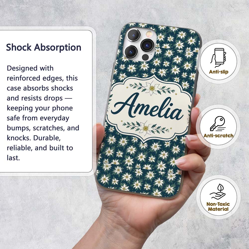 White Alpine Flowers Dark Teal Seamless Pattern Custom Name Protective Phone Case Mobile Cover Durable Everyday Smartphone Shock Resistant