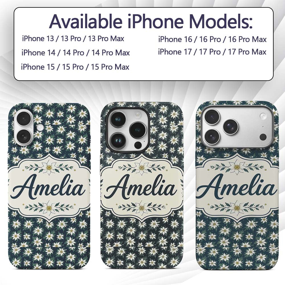 White Alpine Flowers Dark Teal Seamless Pattern Custom Name Protective Phone Case Mobile Cover Durable Everyday Smartphone Shock Resistant