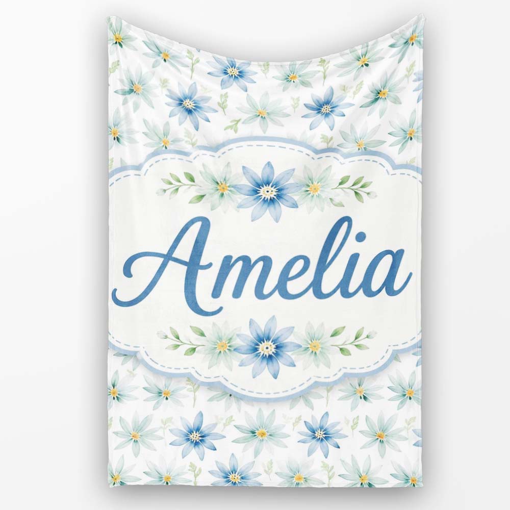Blue Floral Watercolor Seamless Pattern Soft Botanical Design Name Personalised Custom Name Super Soft Fleece Blanket Bed Sofa Throw