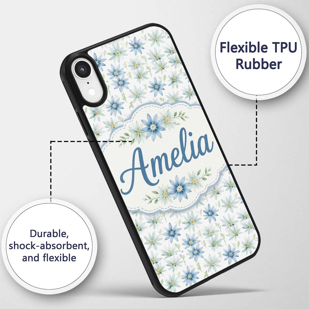 Blue Floral Watercolor Seamless Pattern Soft Custom Name Protective Phone Case Mobile Cover Durable Everyday Smartphone Shock Resistant