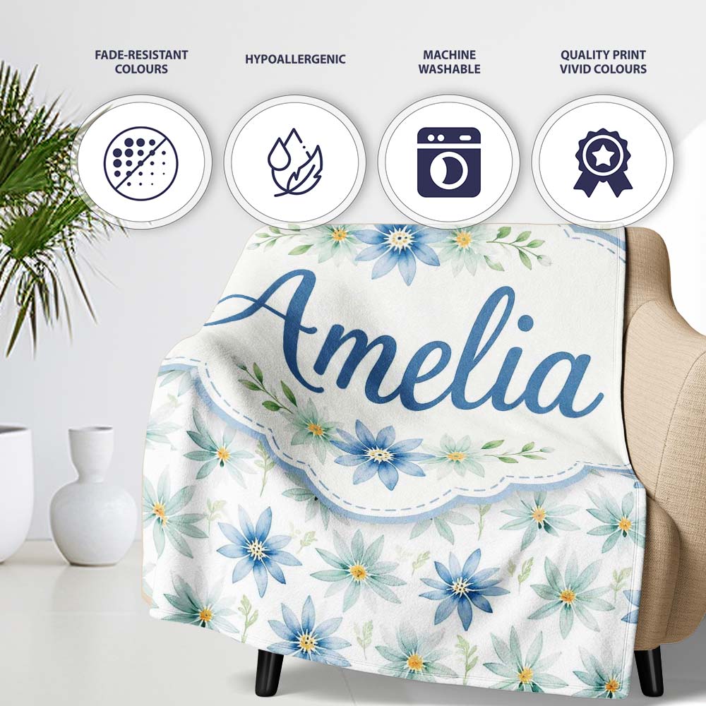 Blue Floral Watercolor Seamless Pattern Soft Botanical Design Name Personalised Custom Name Super Soft Fleece Blanket Bed Sofa Throw