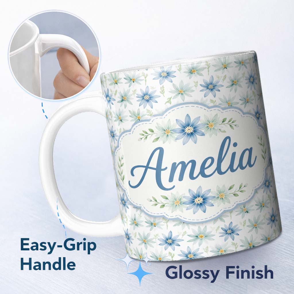 Personalized Custom Name Blue Floral Watercolor Seamless Pattern Soft Botanical Design Name 11oz Ceramic Coffee Tea Mug White Large Handle