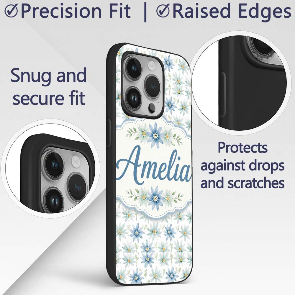 Blue Floral Watercolor Seamless Pattern Soft Custom Name Protective Phone Case Mobile Cover Durable Everyday Smartphone Shock Resistant