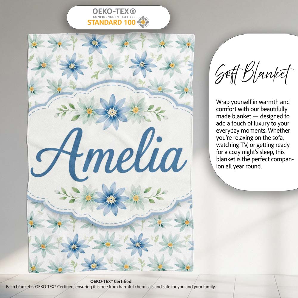 Blue Floral Watercolor Seamless Pattern Soft Botanical Design Name Personalised Custom Name Super Soft Fleece Blanket Bed Sofa Throw