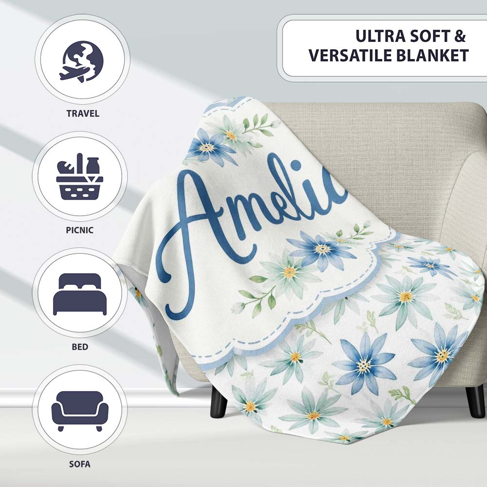 Blue Floral Watercolor Seamless Pattern Soft Botanical Design Name Personalised Custom Name Super Soft Fleece Blanket Bed Sofa Throw