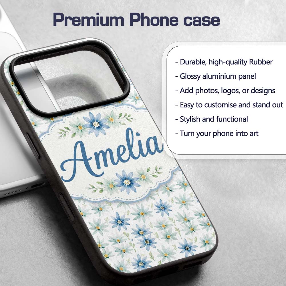Blue Floral Watercolor Seamless Pattern Soft Custom Name Protective Phone Case Mobile Cover Durable Everyday Smartphone Shock Resistant