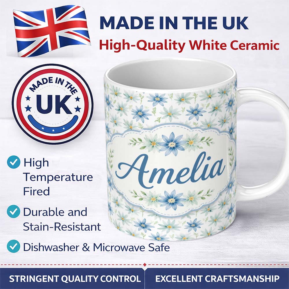Personalized Custom Name Blue Floral Watercolor Seamless Pattern Soft Botanical Design Name 11oz Ceramic Coffee Tea Mug White Large Handle