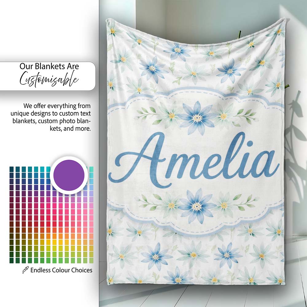 Blue Floral Watercolor Seamless Pattern Soft Botanical Design Name Personalised Custom Name Super Soft Fleece Blanket Bed Sofa Throw