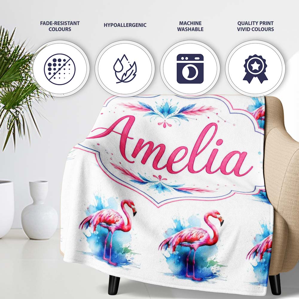 Pink Flamingo Watercolor Splash Seamless Pattern Tropical Bird Art Personalised Custom Name Super Soft Fleece Blanket Bed Sofa Throw