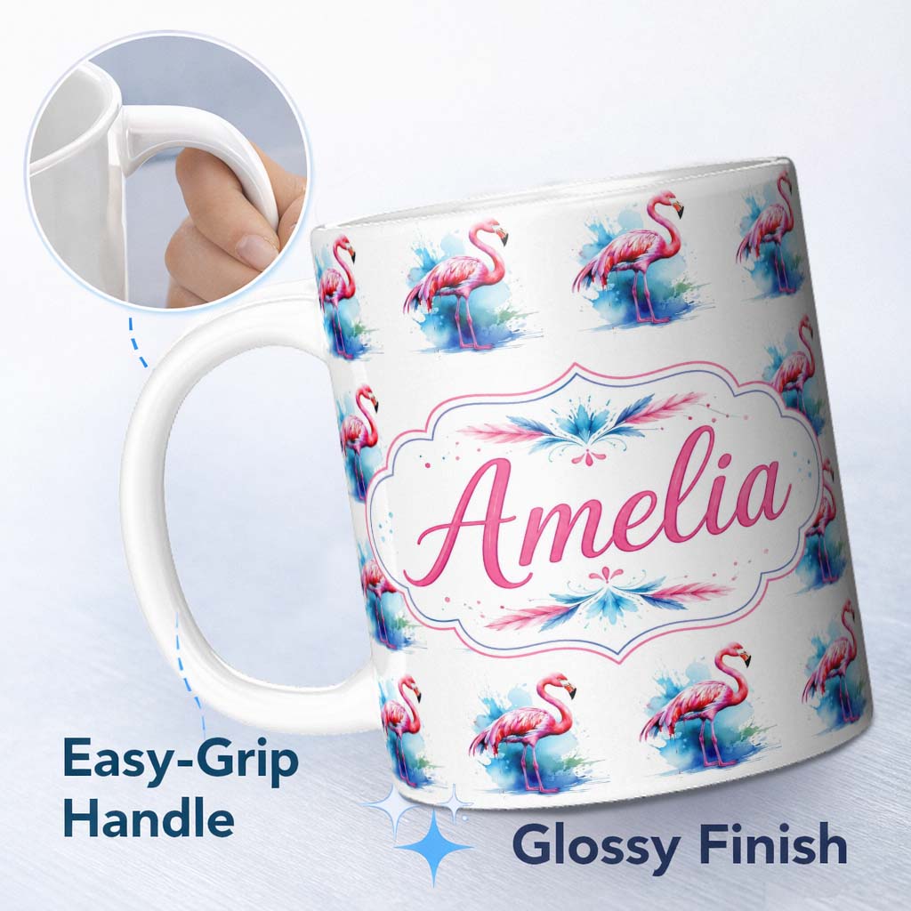 Personalized Custom Name Pink Flamingo Watercolor Splash Seamless Pattern Tropical Bird Art 11oz Ceramic Coffee Tea Mug White Large Handle