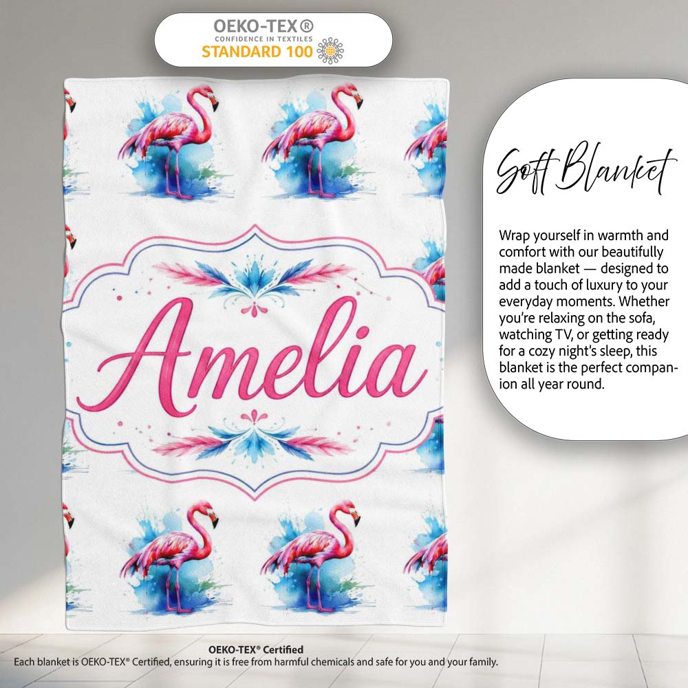 Pink Flamingo Watercolor Splash Seamless Pattern Tropical Bird Art Personalised Custom Name Super Soft Fleece Blanket Bed Sofa Throw