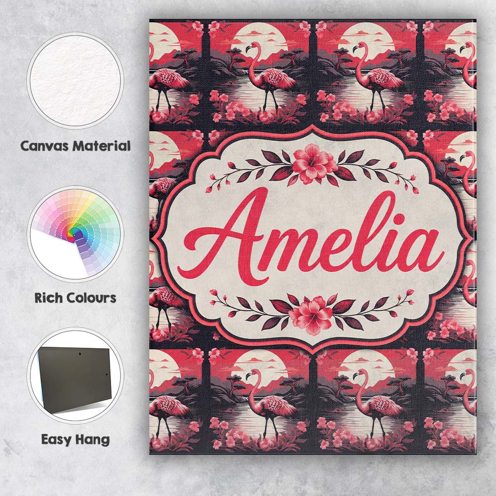 Personalised Name Flamingo Sunset Lake Custom Modern Room Accent Elegant Feature Canvas Wall Art Print Decor Picture Ready to Hang