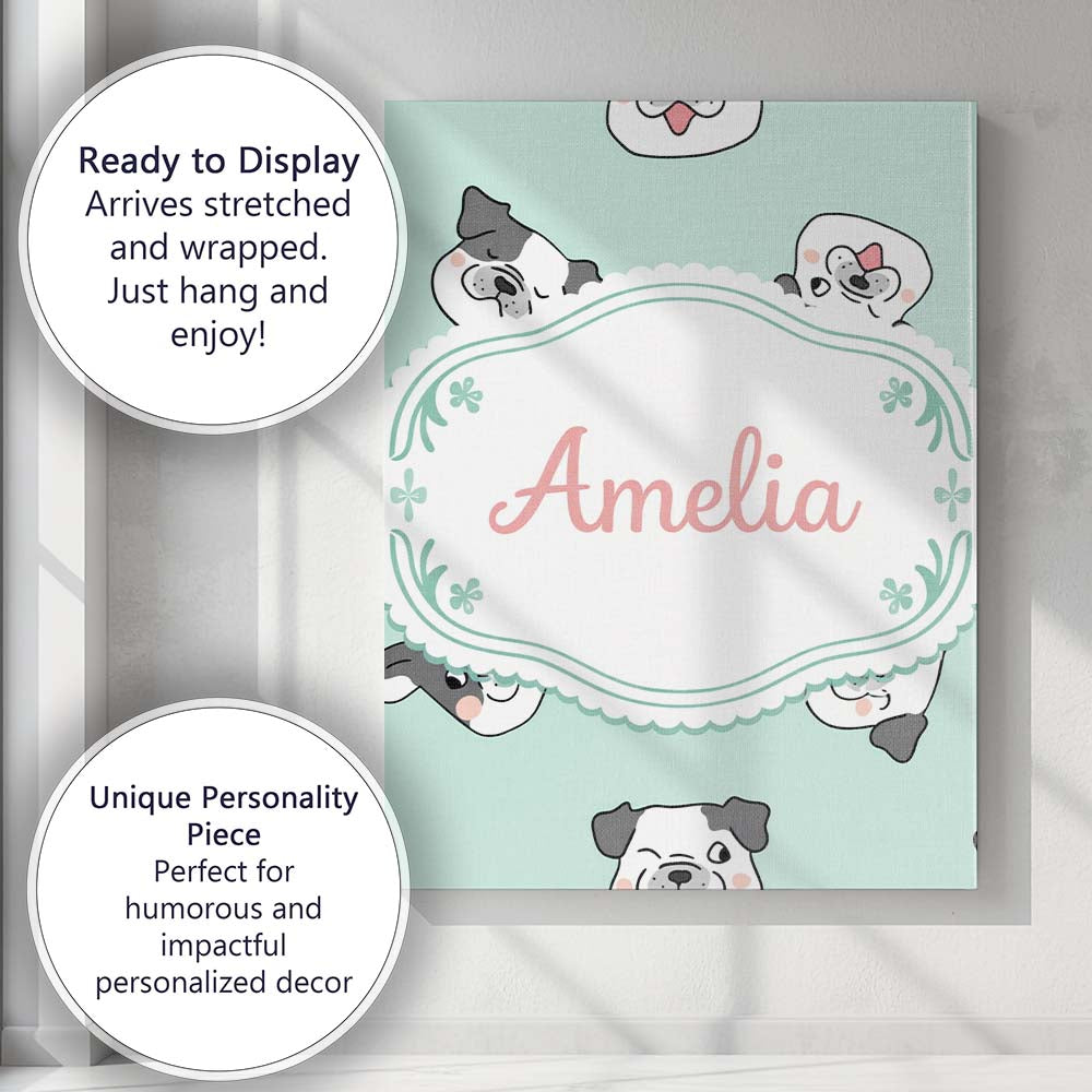 Personalised Name Cute French Bulldog Faces Teal Background Seamless Custom Home Canvas Wall Art Print Decor Picture Ready to Hang