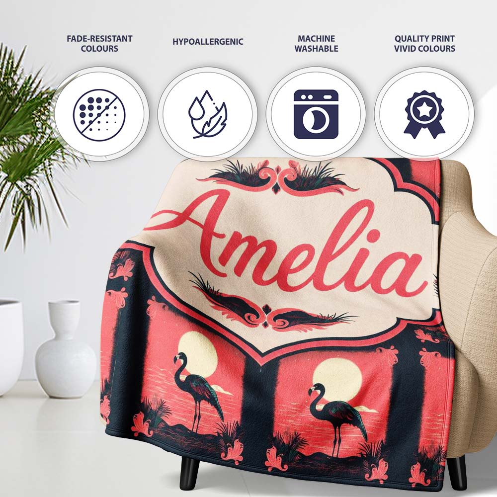 Dark Flamingo Moonlight Tropical Scene Seamless Pattern Exotic Bird Personalised Custom Name Super Soft Fleece Blanket Bed Sofa Throw
