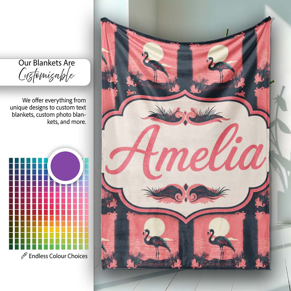 Dark Flamingo Moonlight Tropical Scene Seamless Pattern Exotic Bird Personalised Custom Name Super Soft Fleece Blanket Bed Sofa Throw